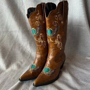 Roper Faux Leather Women's 8 Western Cowgirl Tall Boots Green Heart Embroidered